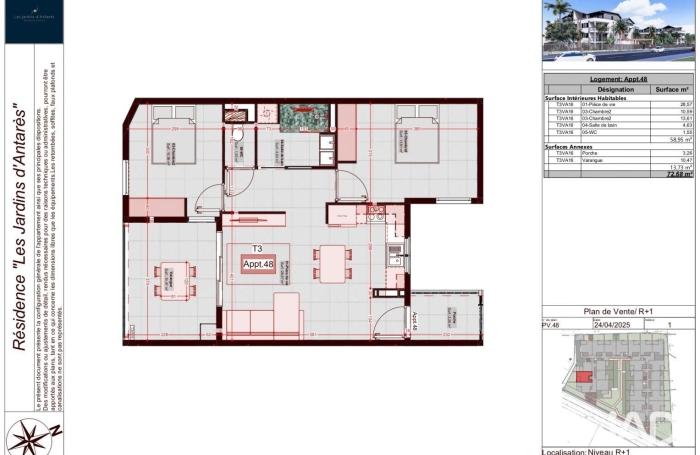 Vente Appartement 58m&sup2; 3 pièces Sainte Marie